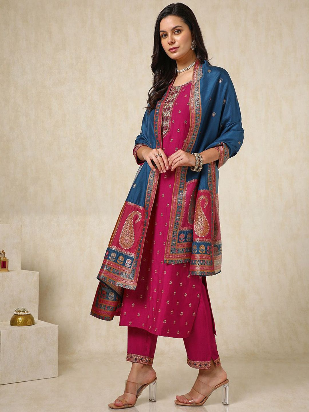 Dhiyona SO Women's Ethnic Motifs Embroidered Zardozi Straight Kurta with Trousers & Dupatta
