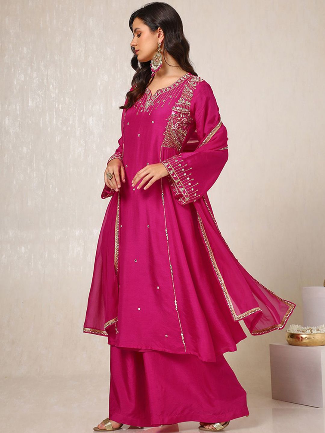 Dhiyona SO Women's Pink Ethnic Motifs Embroidered Mirror Work Dupion Silk Kurta With Palazzos & Dupatta