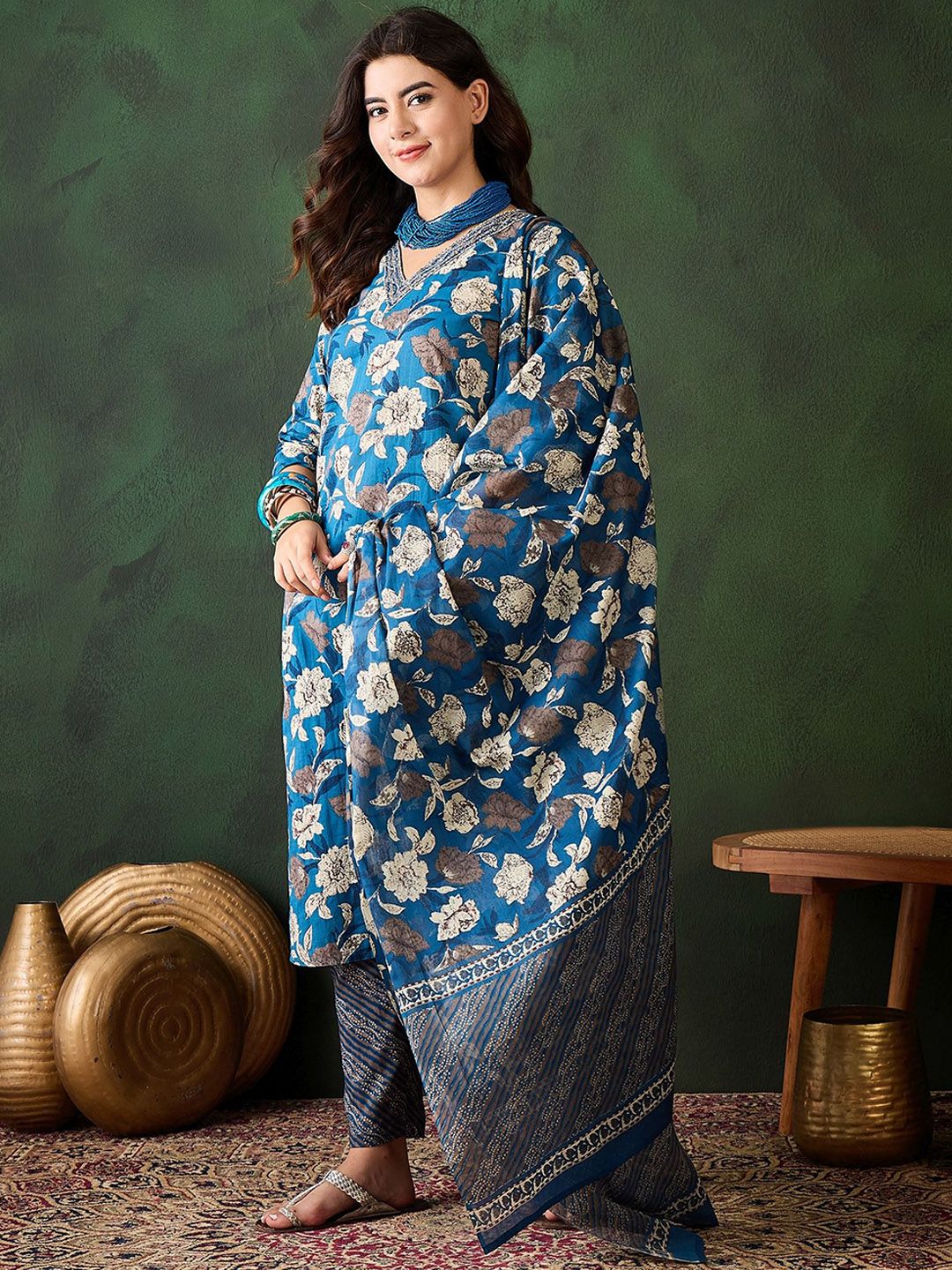 Dhiyona SN Women's Floral Printed Sequinned V-Neck Pure Cotton Straight Kurta & Trouser With Dupatta