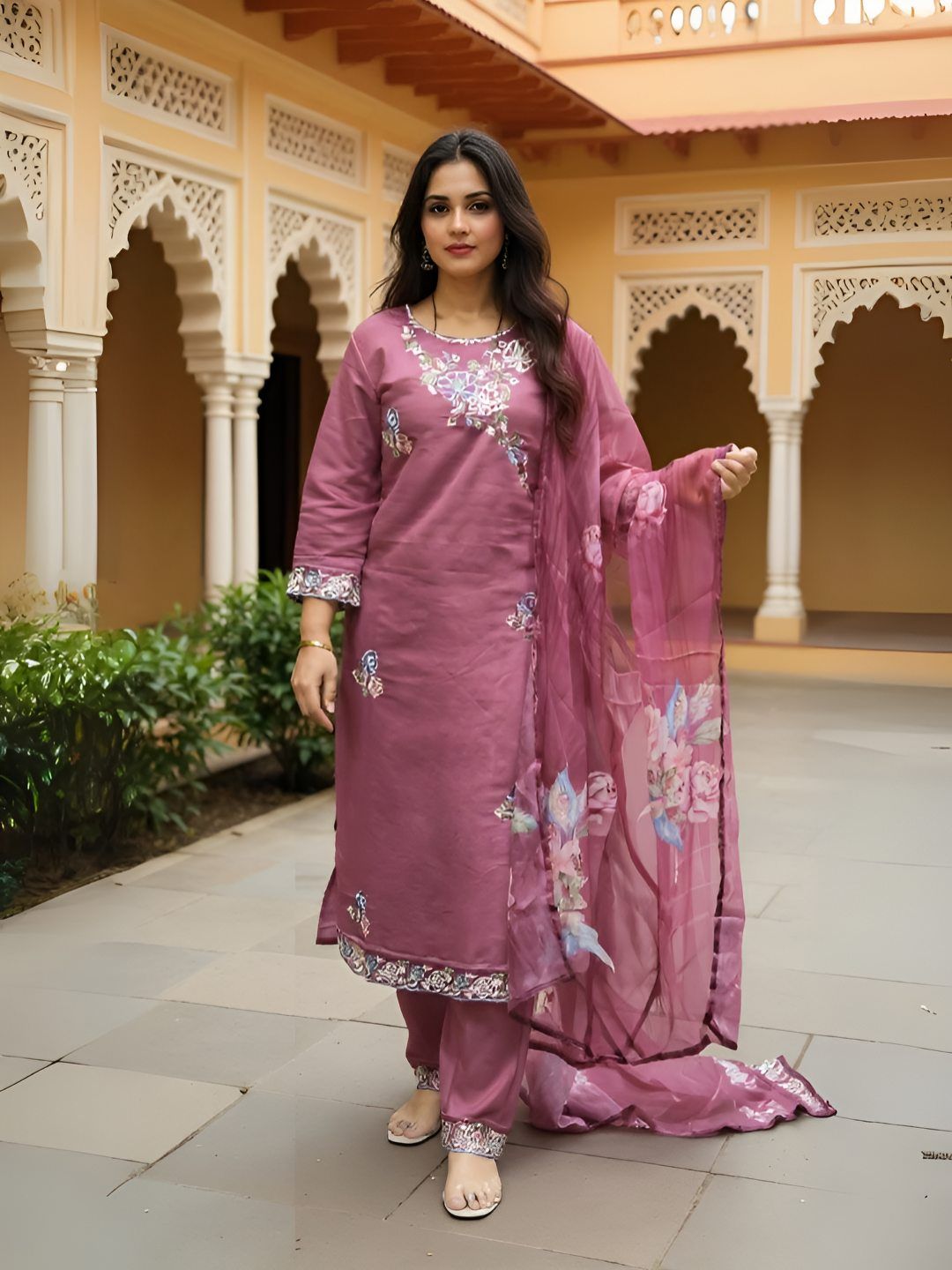 Floral Embroidered Thread Work Straight Kurta With Trousers & Dupatta