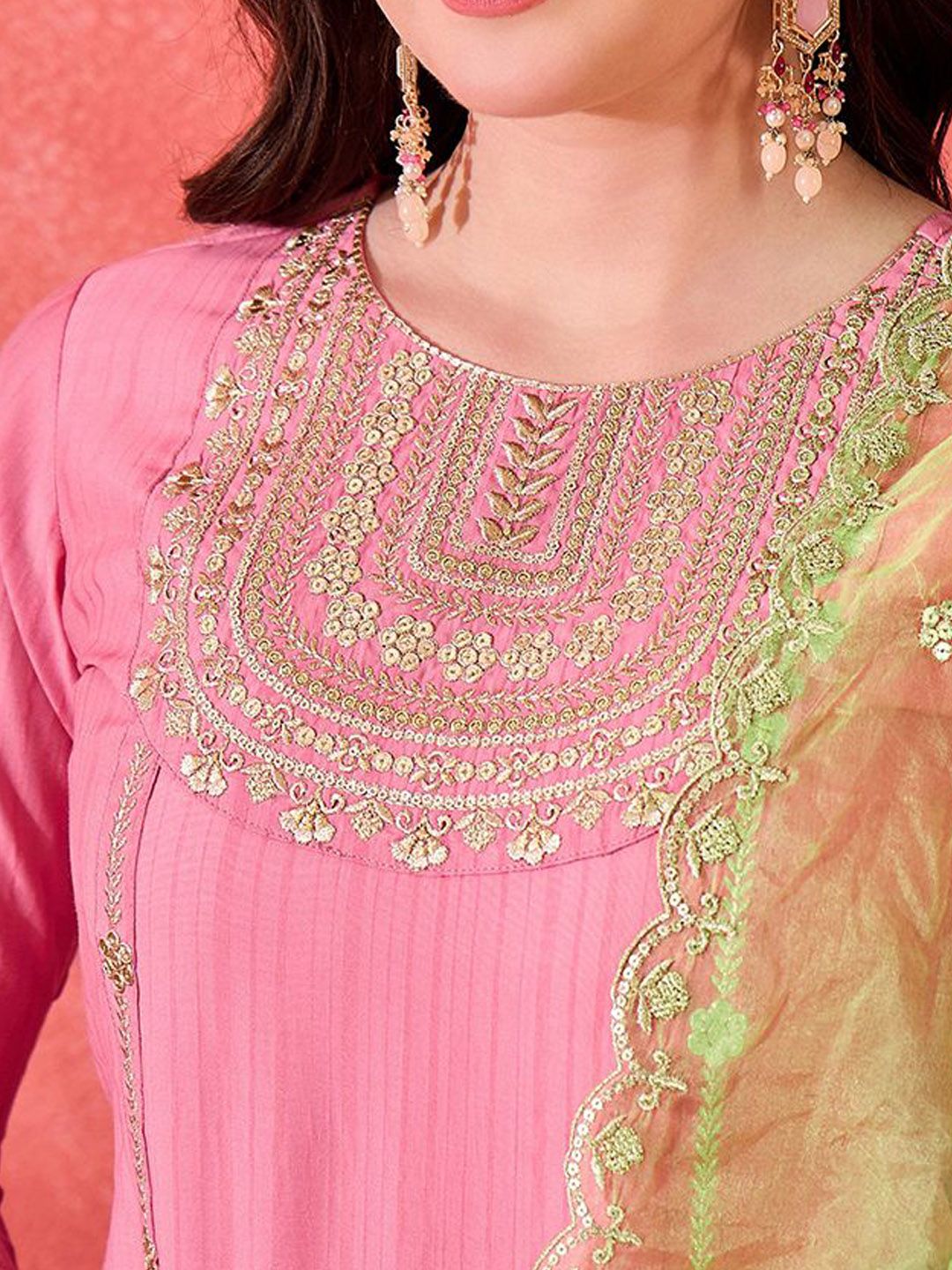 Dhiyona SN Women's Zari Sequence Embroidered Straight Kurta & Trouser With Dupatta