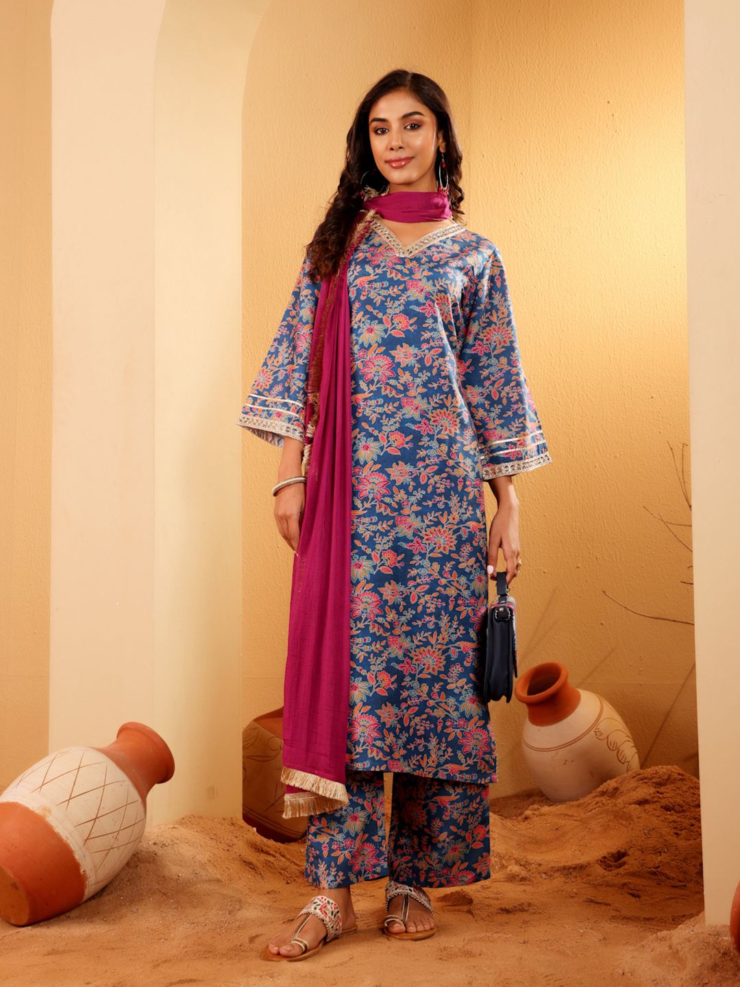 Dhiyona VA Women'sFloral Printed Zari V Neck Flared Sleeves A-Line Kurta With Palazzo And Dupatta
