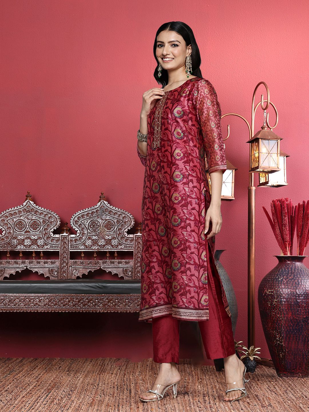Dhiyona VA Women'sMaroon Floral Printed Beads and Stones Straight Kurta with Trousers & Dupatta