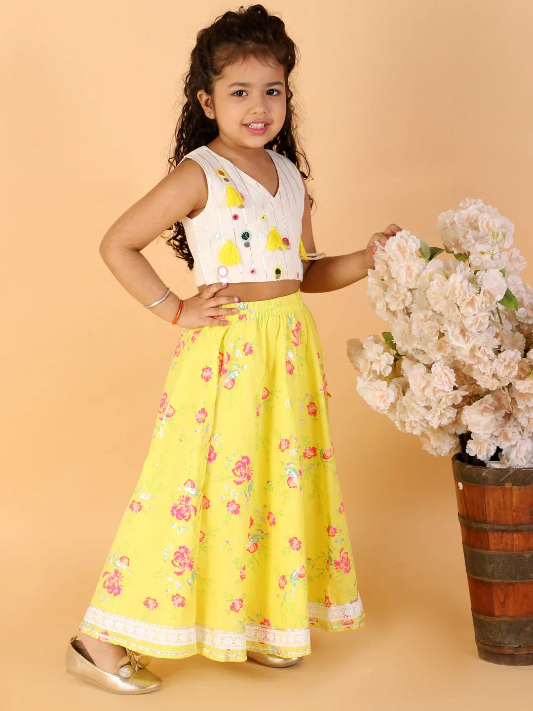 Girls stylish mirror handwork choli with printed ghaghra set