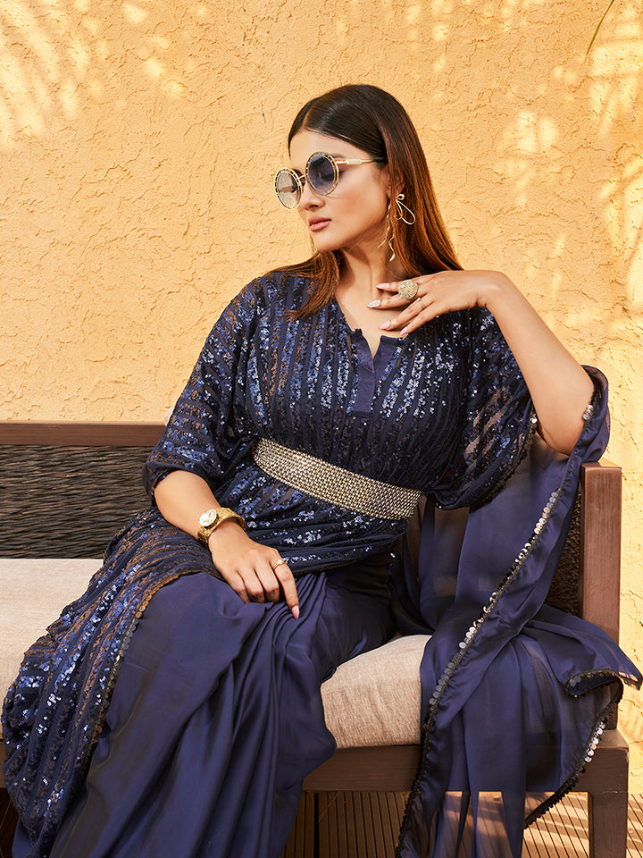 Dhiyona TI Women's Navy Blue Colored Sequinned Kaftan Saree with Belt with Unstitched Blouse
