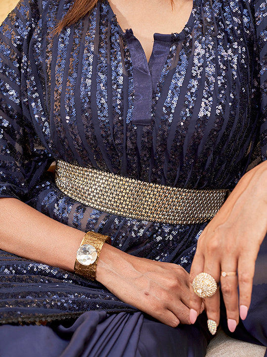 Dhiyona TI Women's Navy Blue Colored Sequinned Kaftan Saree with Belt with Unstitched Blouse