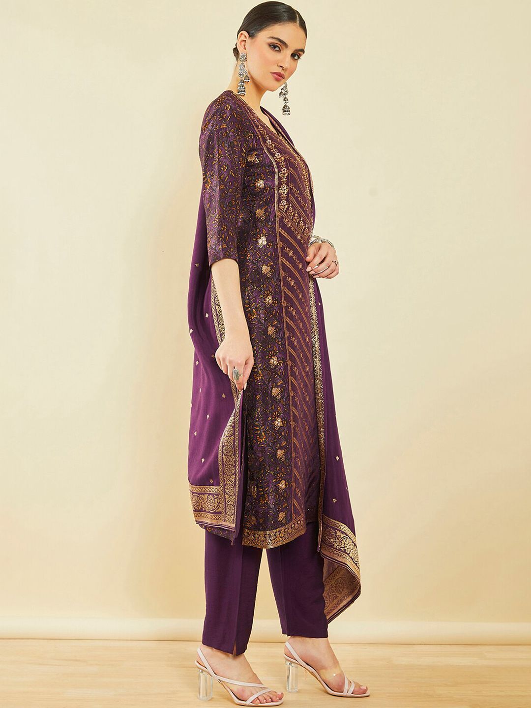 Dhiyona SO Women's Ethnic Motifs Printed Beads and Stones Thread Work Kurta with Trousers & Dupatta