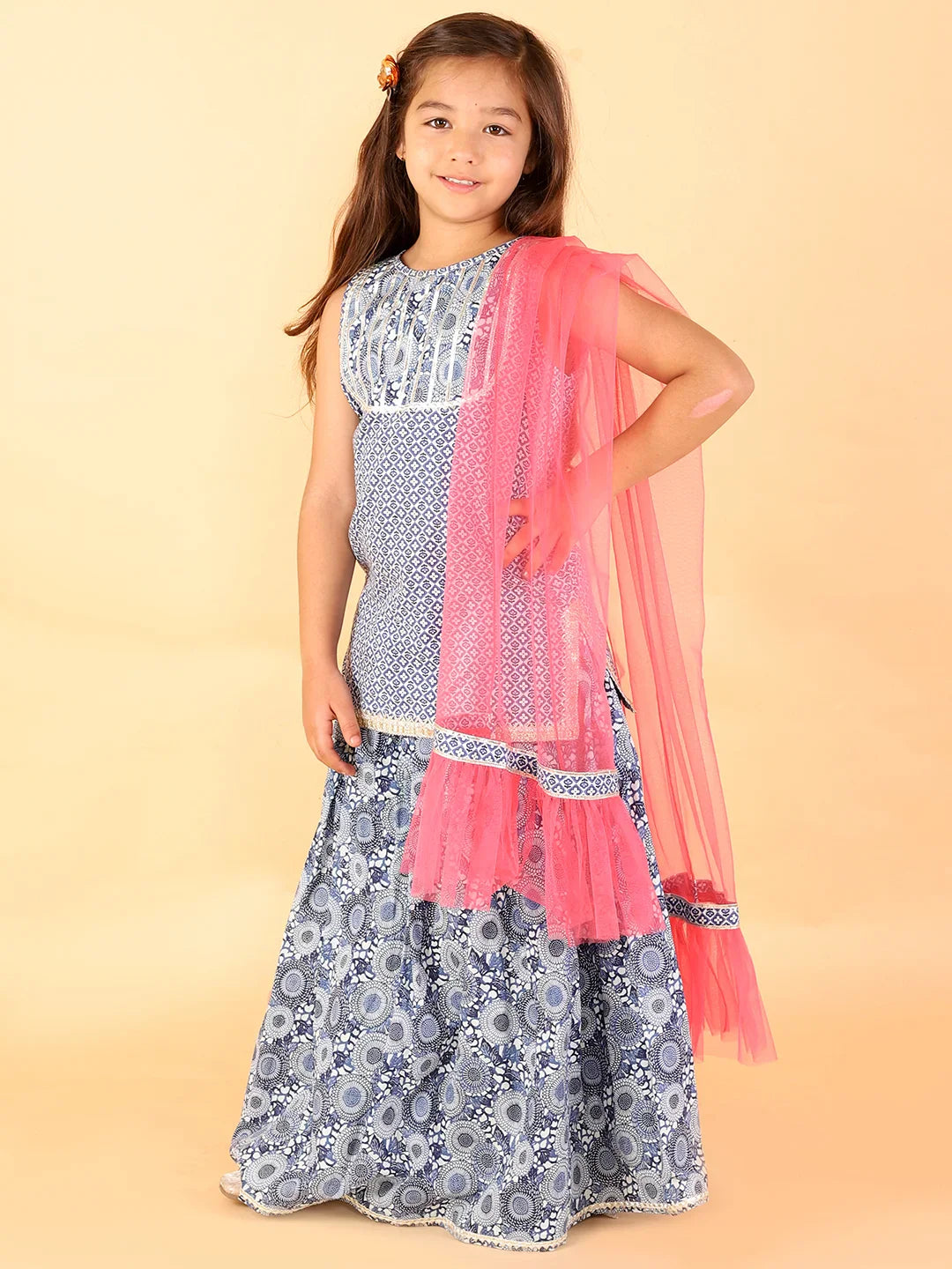 Girls stylish Folklore printed kurta with ghaghra & dupatta set