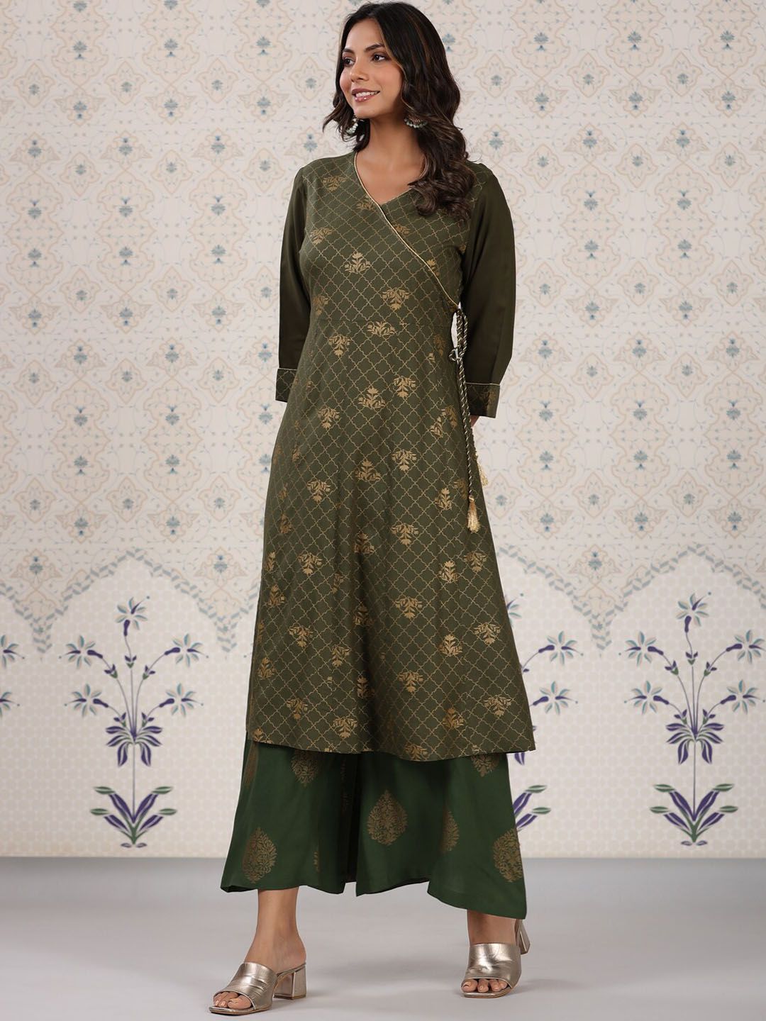 Dhiyona OD Olive Green & Gold Printed V Neck Angrakha Kurta With Palazzos