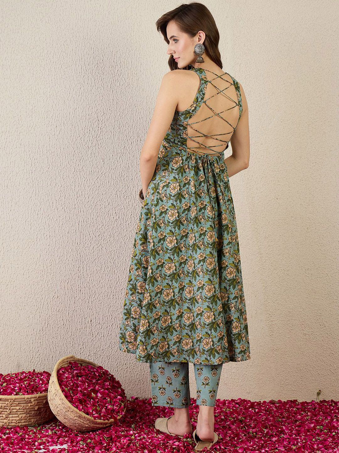 Floral Printed V-Neck Pure Cotton A-Line Kurta With Trouser