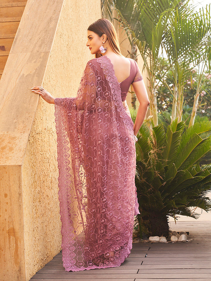 Dhiyona TI Women's Mauve Colored Net Embroidered Saree with Faux Diamonds with Unstitched Blouse