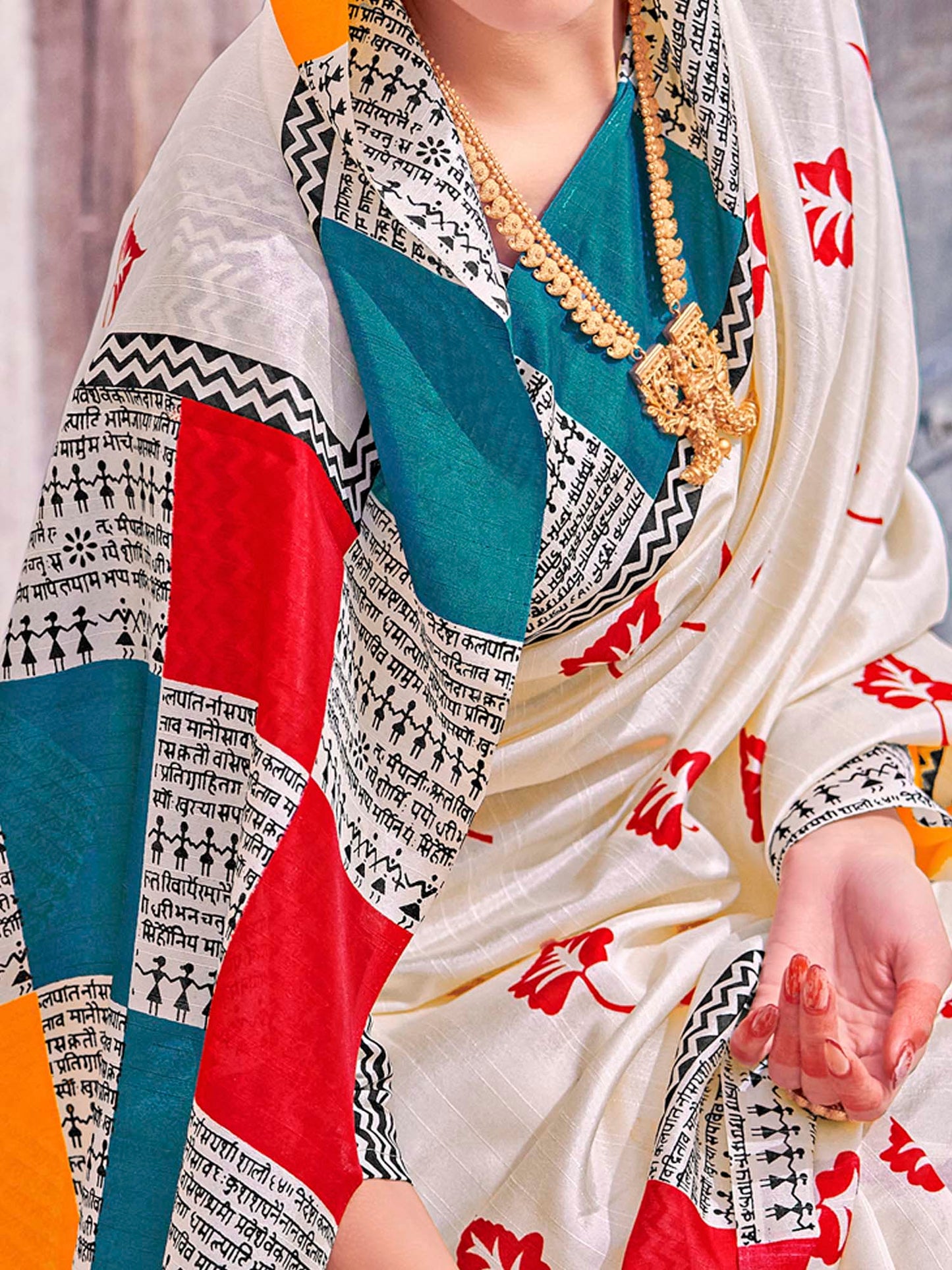 Women's Bhagalpuri Silk Cream Printed Designer Saree With Blouse Piece