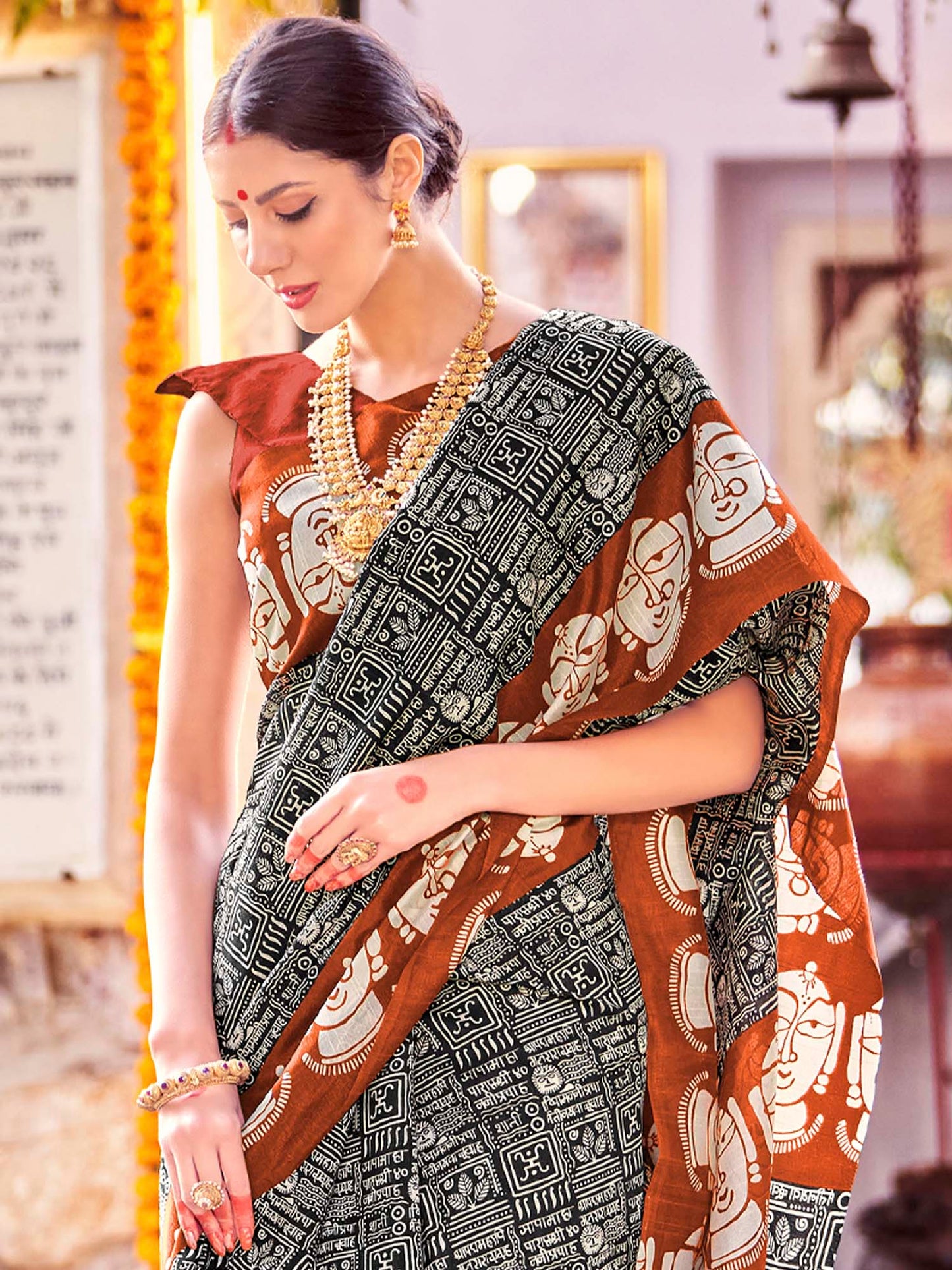 Women's Bhagalpuri Silk Black Printed Designer Saree With Blouse Piece
