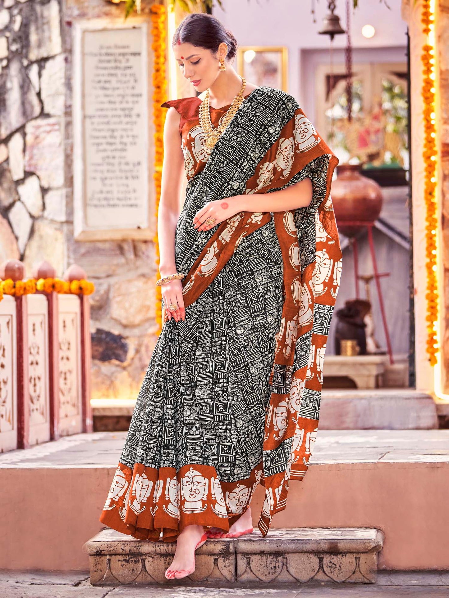 Women's Bhagalpuri Silk Black Printed Designer Saree With Blouse Piece