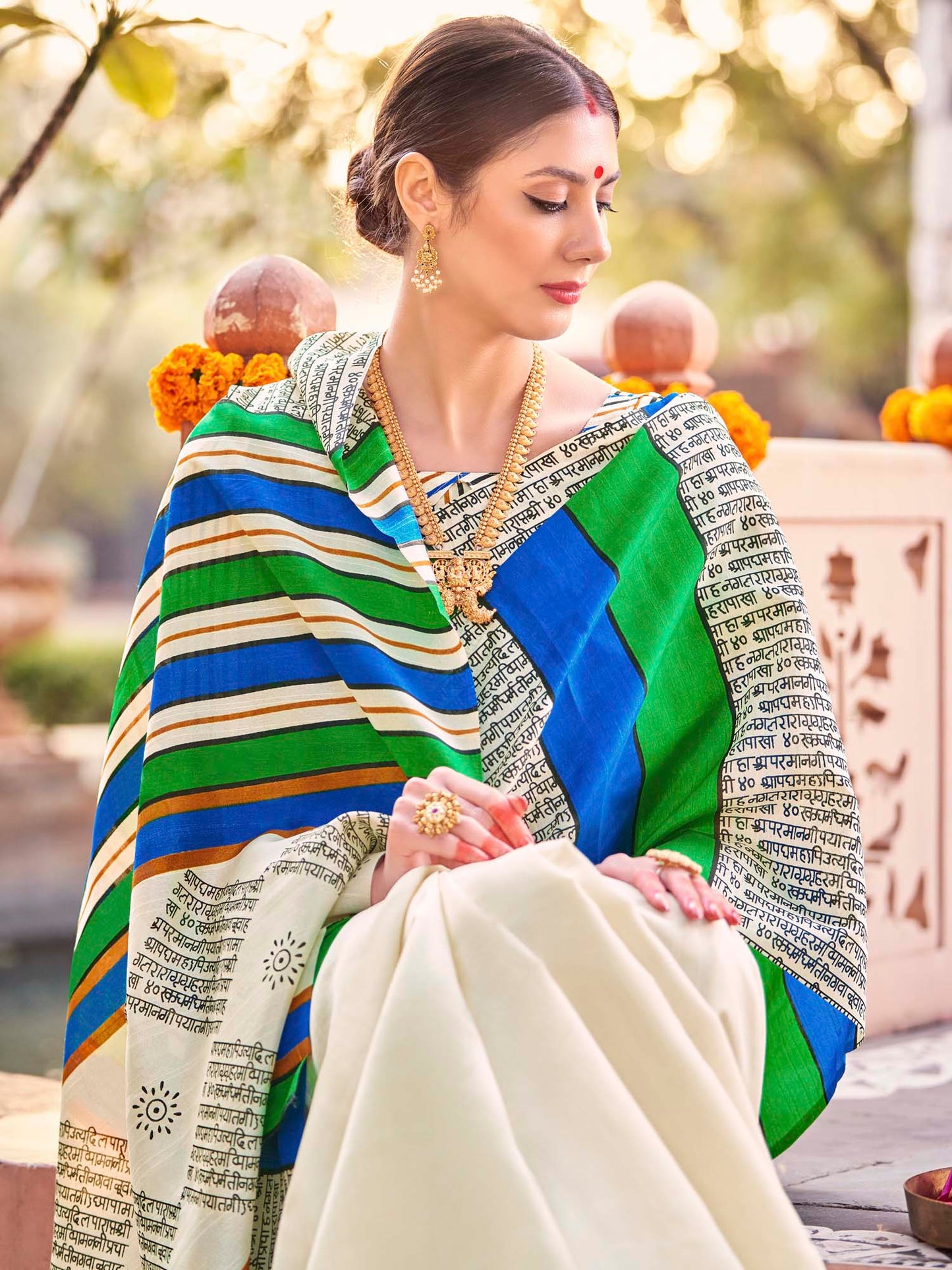 Women's Bhagalpuri Silk Cream Printed Designer Saree With Blouse Piece