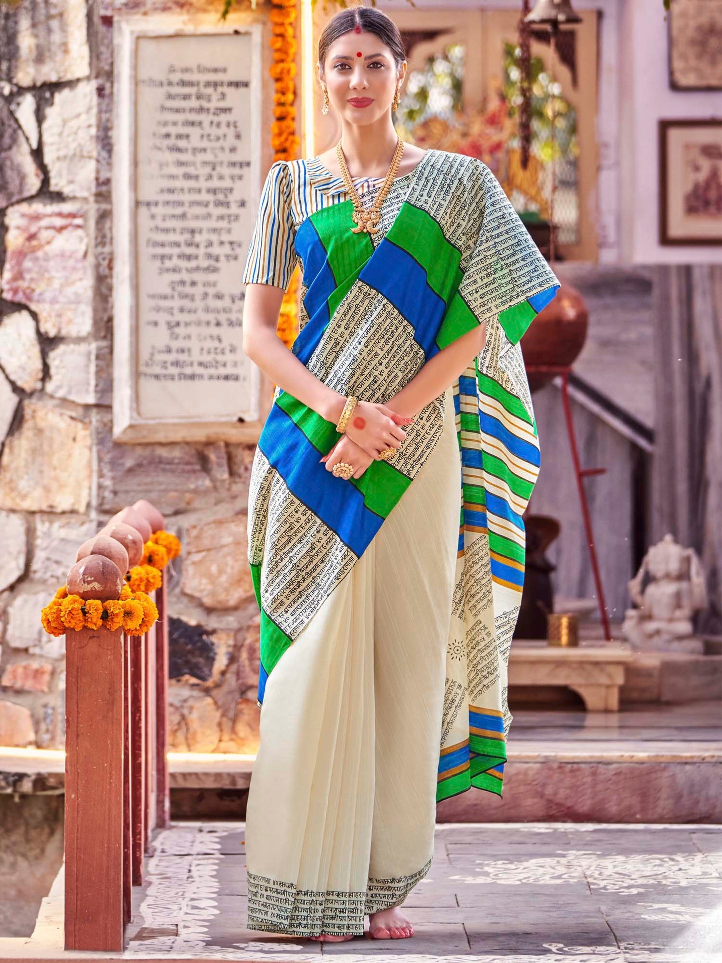 Women's Bhagalpuri Silk Cream Printed Designer Saree With Blouse Piece