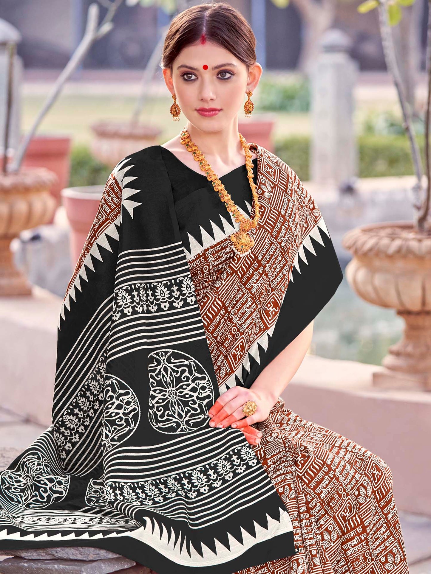 Women's Bhagalpuri Silk Brown Printed Designer Saree With Blouse Piece