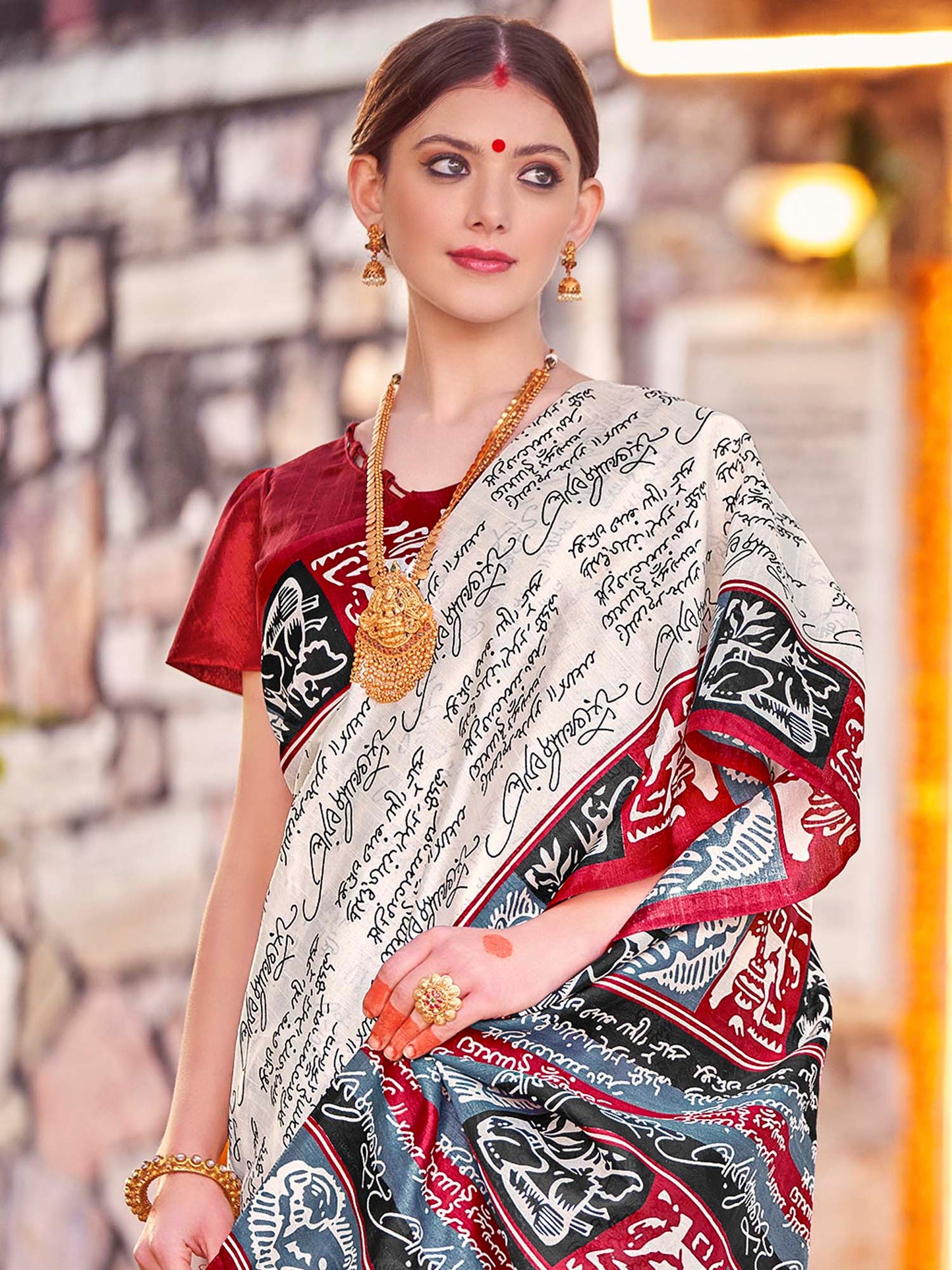 Women's Bhagalpuri Silk Off White Printed Designer Saree With Blouse Piece