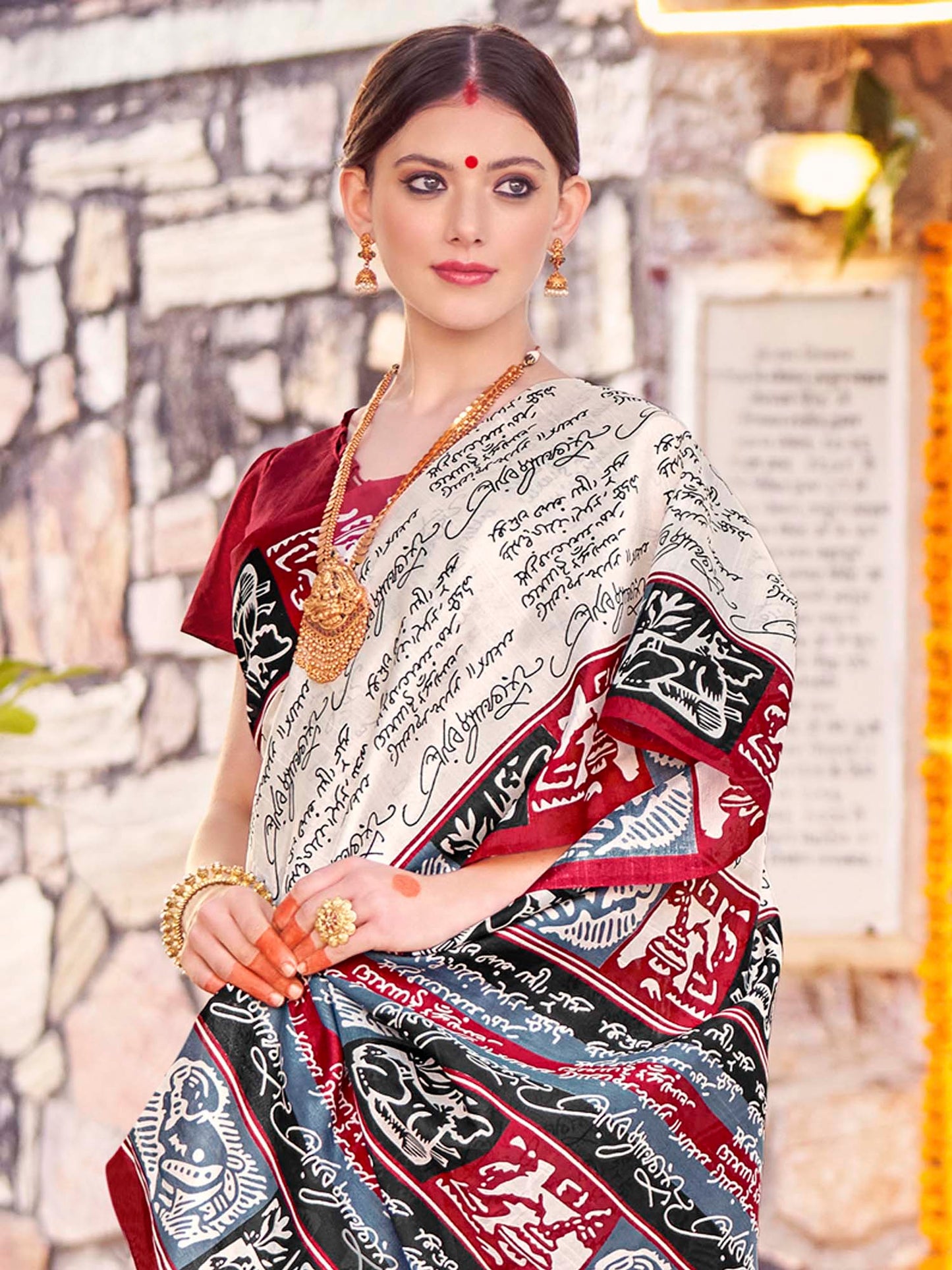 Women's Bhagalpuri Silk Off White Printed Designer Saree With Blouse Piece