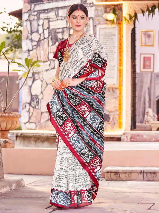 Women's Bhagalpuri Silk Off White Printed Designer Saree With Blouse Piece