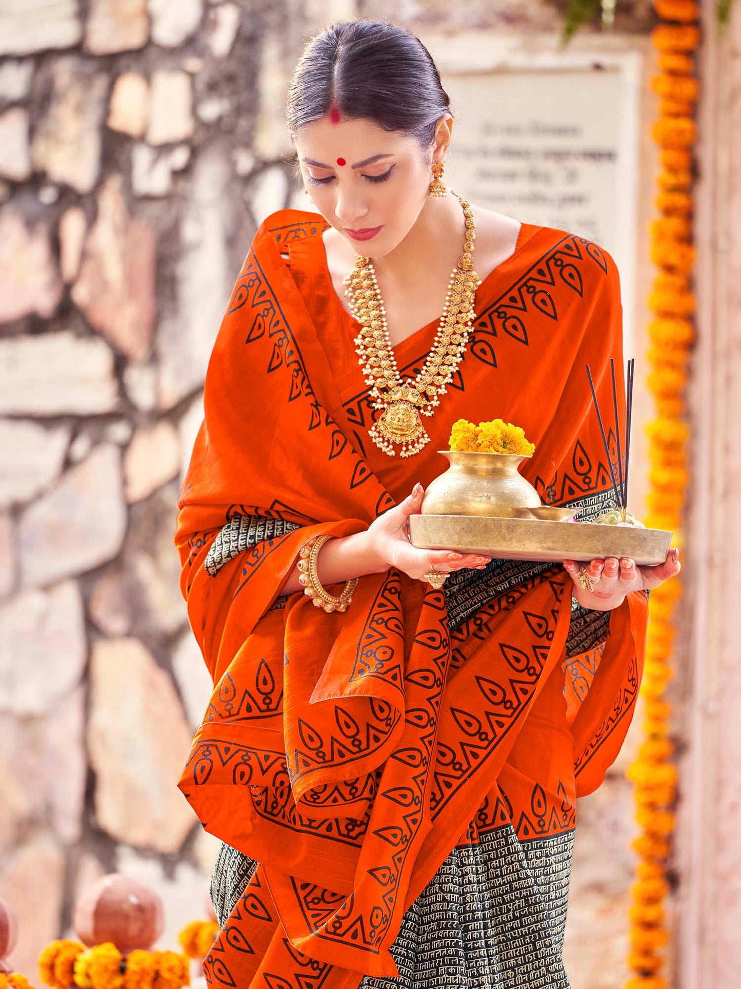 Women's Bhagalpuri Silk Orange Printed Designer Saree With Blouse Piece