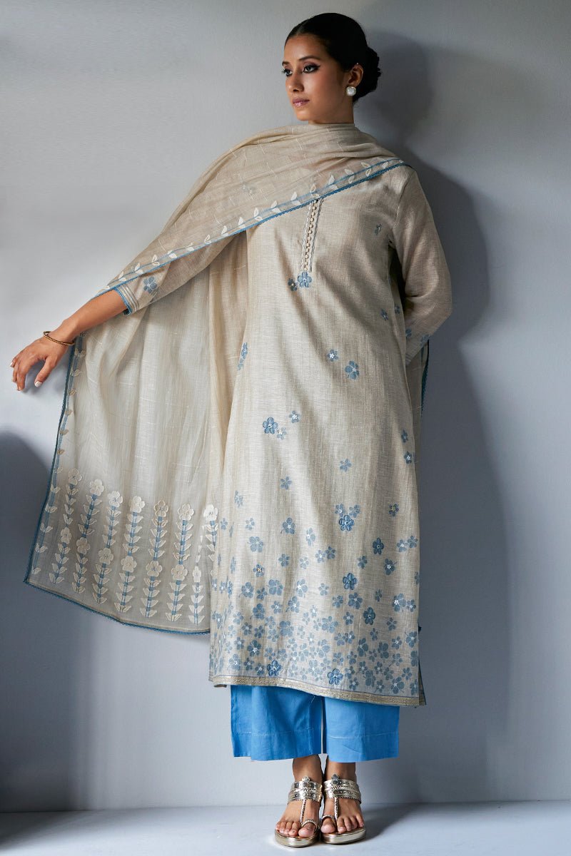 Women's Beige Woven Viscose Chanderi Kurta Suit Set With Delicate Hand Work Detailing