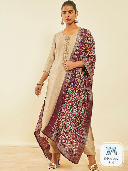 Dhiyona SO Women's Ethnic Motifs Embroidered Sequinned Detail Straight Kurta & Trousers With Dupatta