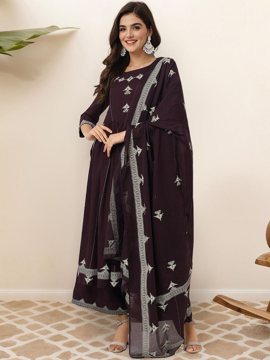 Dhiyona IS Women's Ethnic Motifs Printed Pure Cotton Kurta With Palazzos & Dupatta