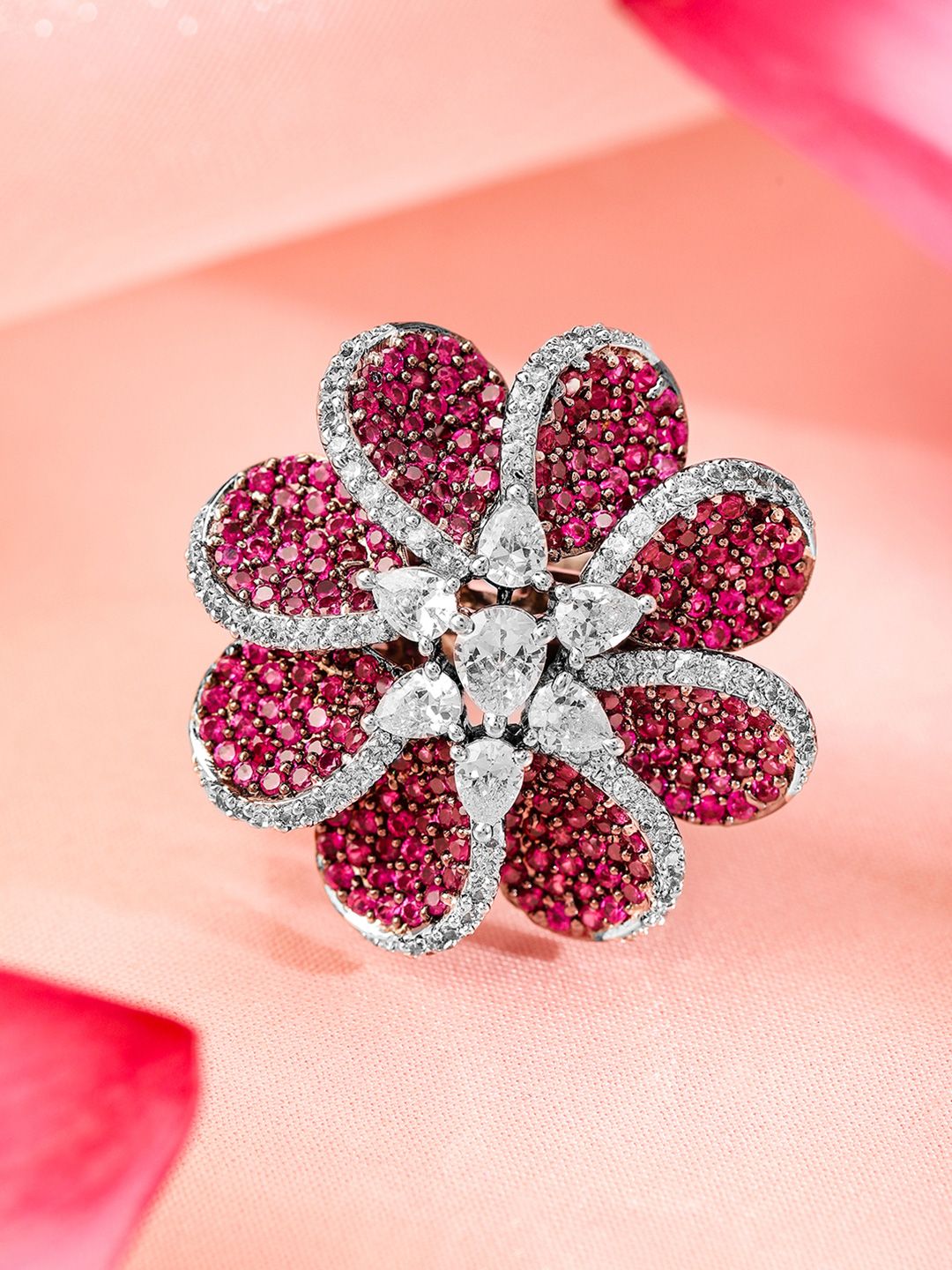 Dhiyona RJ Women's Rhodium Plated Cubic Zirconia-Studded Floral Adjustable Finger Ring