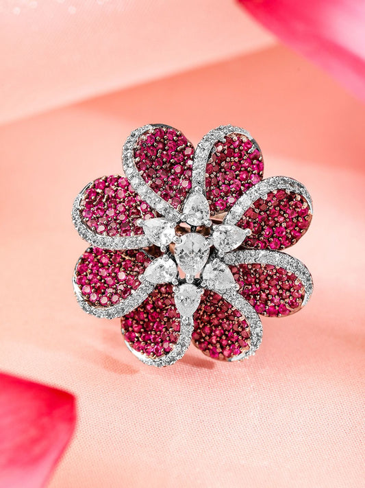 Dhiyona RJ Women's Rhodium Plated Cubic Zirconia-Studded Floral Adjustable Finger Ring