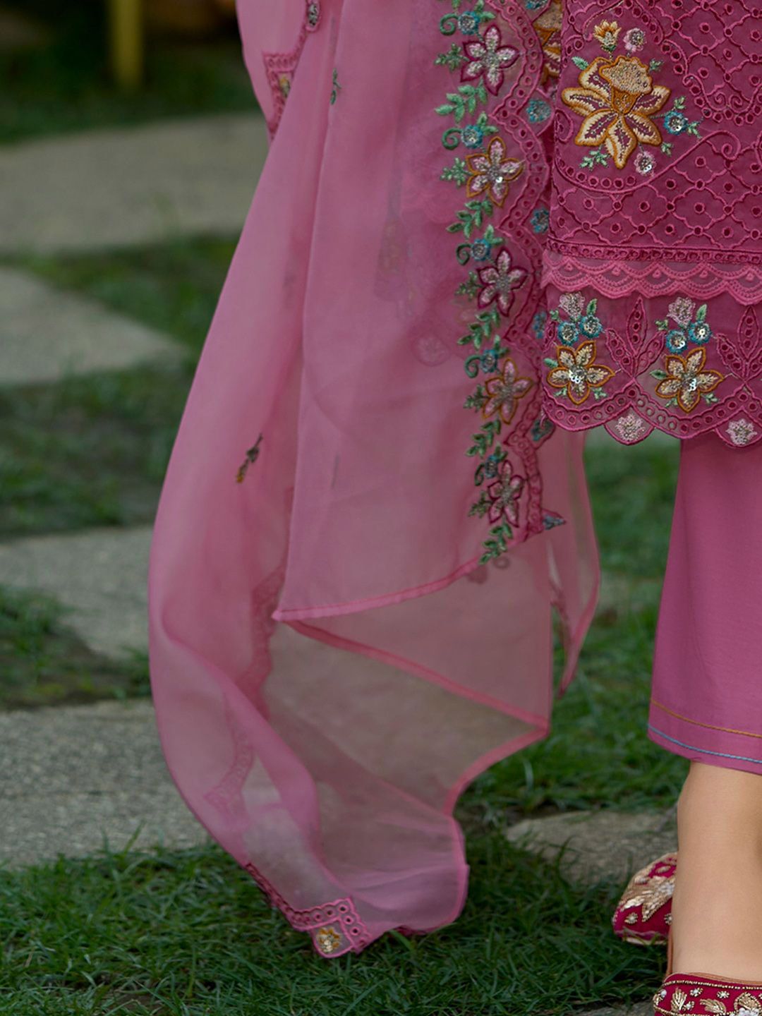 Dhiyona IE Floral Embroidered Pure Cotton Anarkali Kurta With Trousers And Dupatta