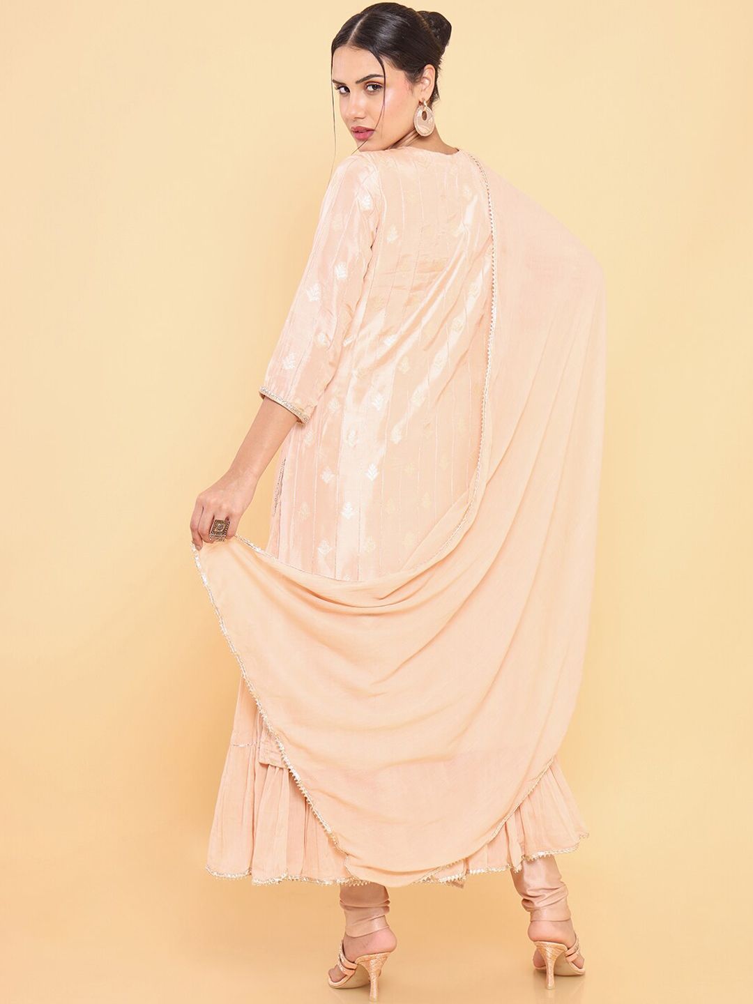 Dhiyona SO Women's Women Peach-Coloured Ethnic Motifs Yoke Design Layered Kurta with Churidar
