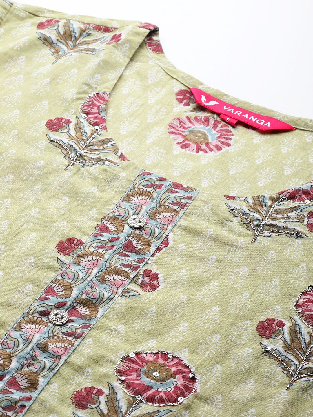 Dhiyona VA Women's Green & Pink Floral Printed Pure Cotton Kurta with Trousers & Dupatta