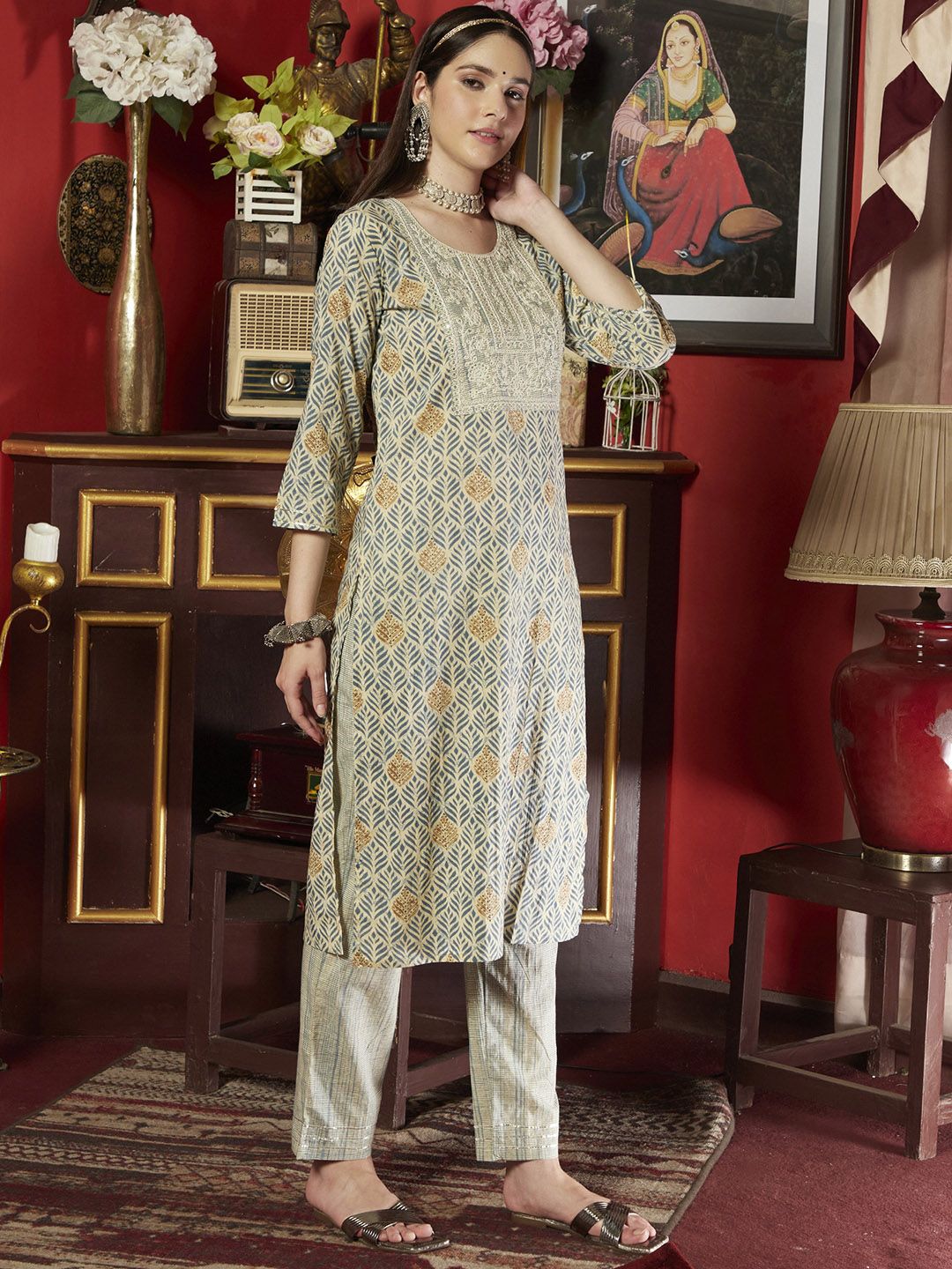 Dhiyona SN Women's Ethnic Motifs Printed Thread Work Pure Cotton Kurta & Trouser With Dupatta
