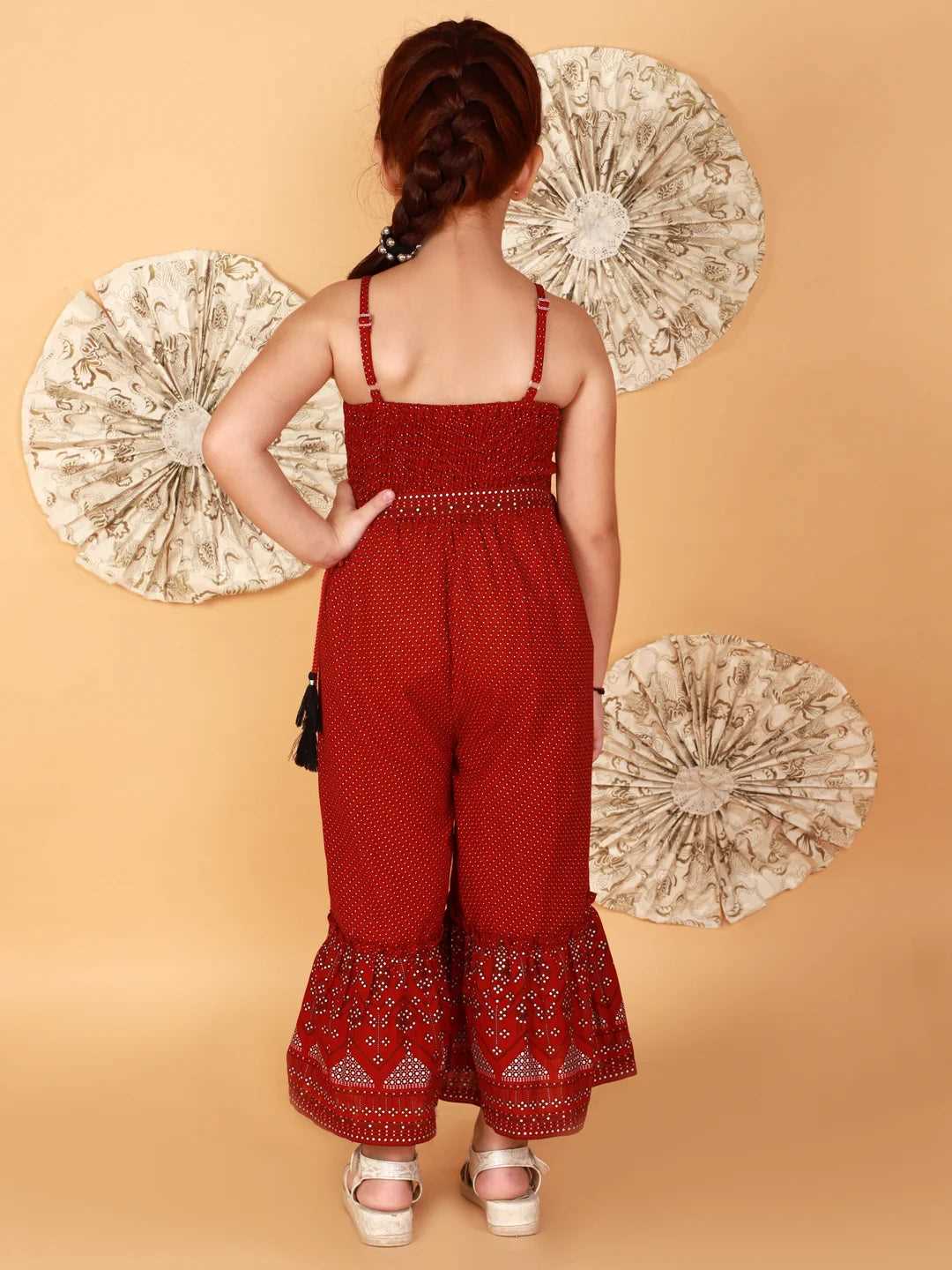 Girls Printed Cotton Jumpsuit with Kodi Embroidery