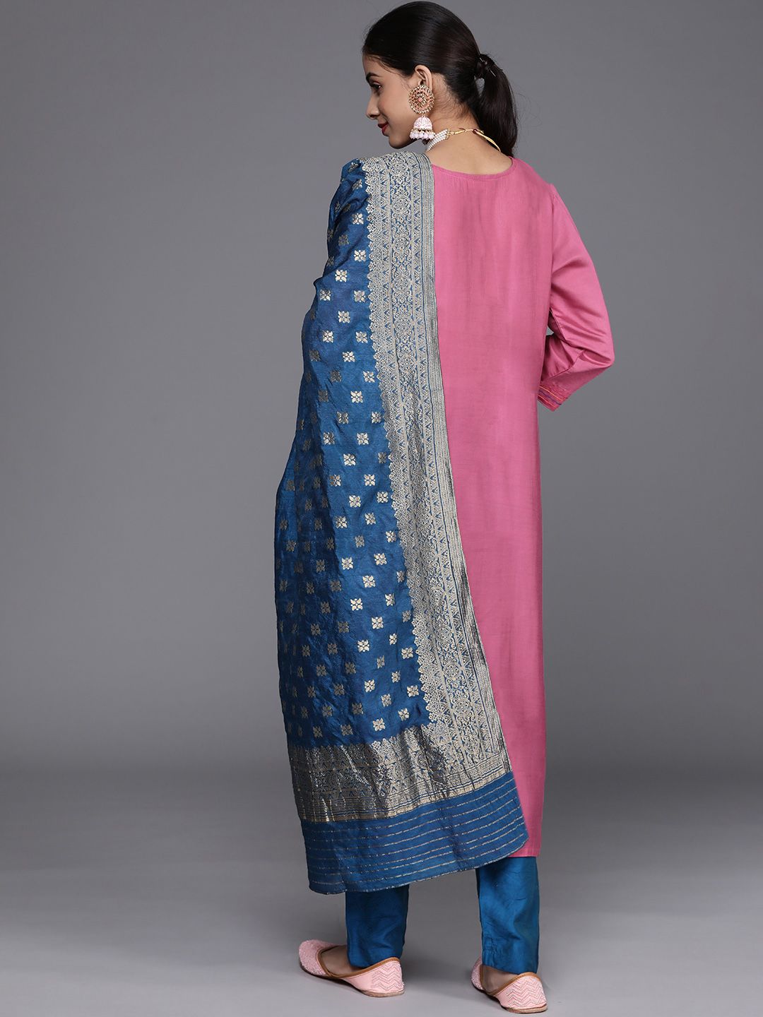 Dhiyona VA Women's Pink Ethnic Motifs Embroidered Silk Crepe Kurta with Trousers & With Dupatta