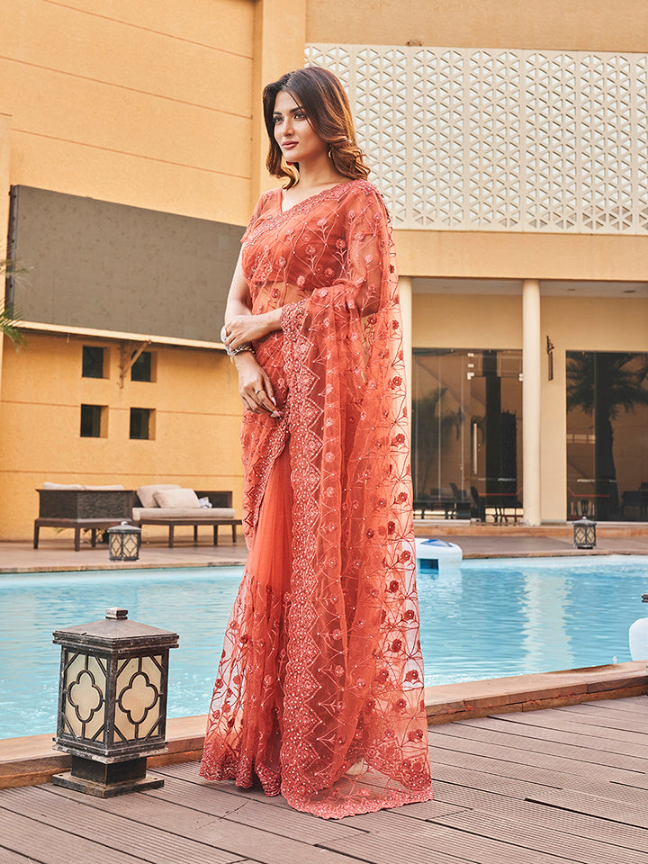 Dhiyona TI Women's Rust Colored Net Embroidered Saree with Faux Diamonds with Unstitched Blouse