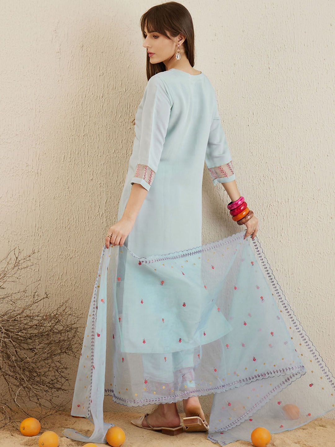 Dhiyona IE Floral Embroidered Round Neck Thread Work Kurta with Trousers & With Dupatta