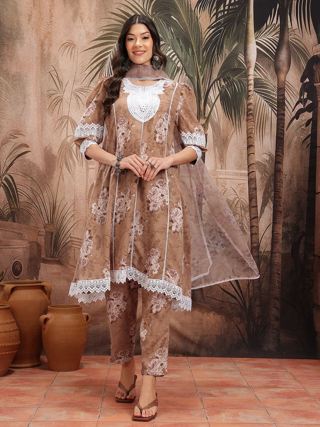 Dhiyona SN Women's Floral Print Paneled Kurta with Trousers & Dupatta