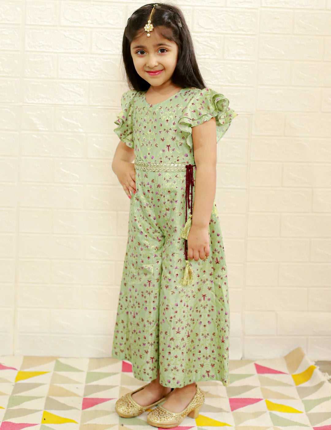 Girls Fusion Ethnic Flared pant jumpsuit with ruffle sleeve