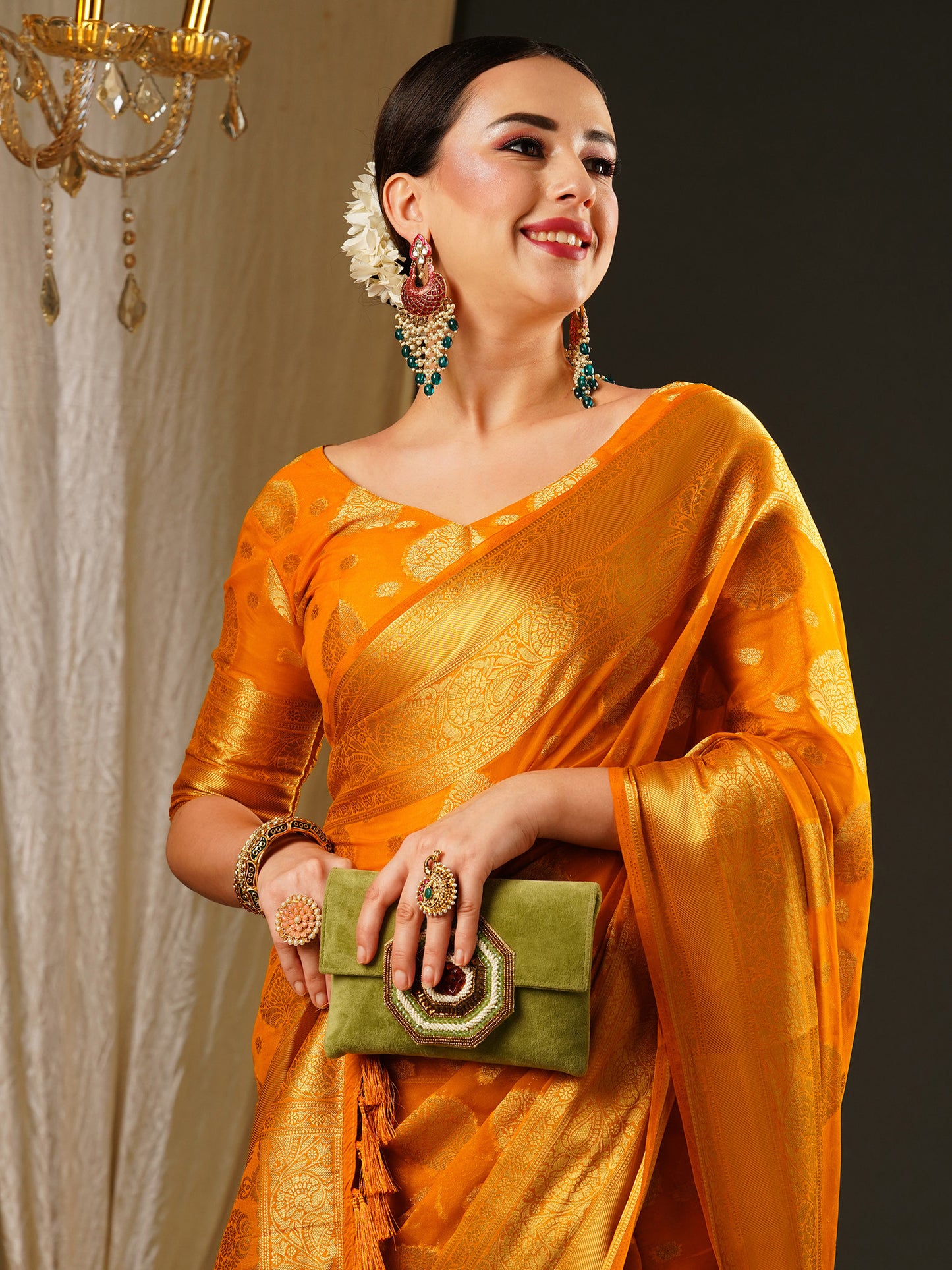 Women's Georgette Yellow Woven Design Celebrity Saree With Blouse Piece