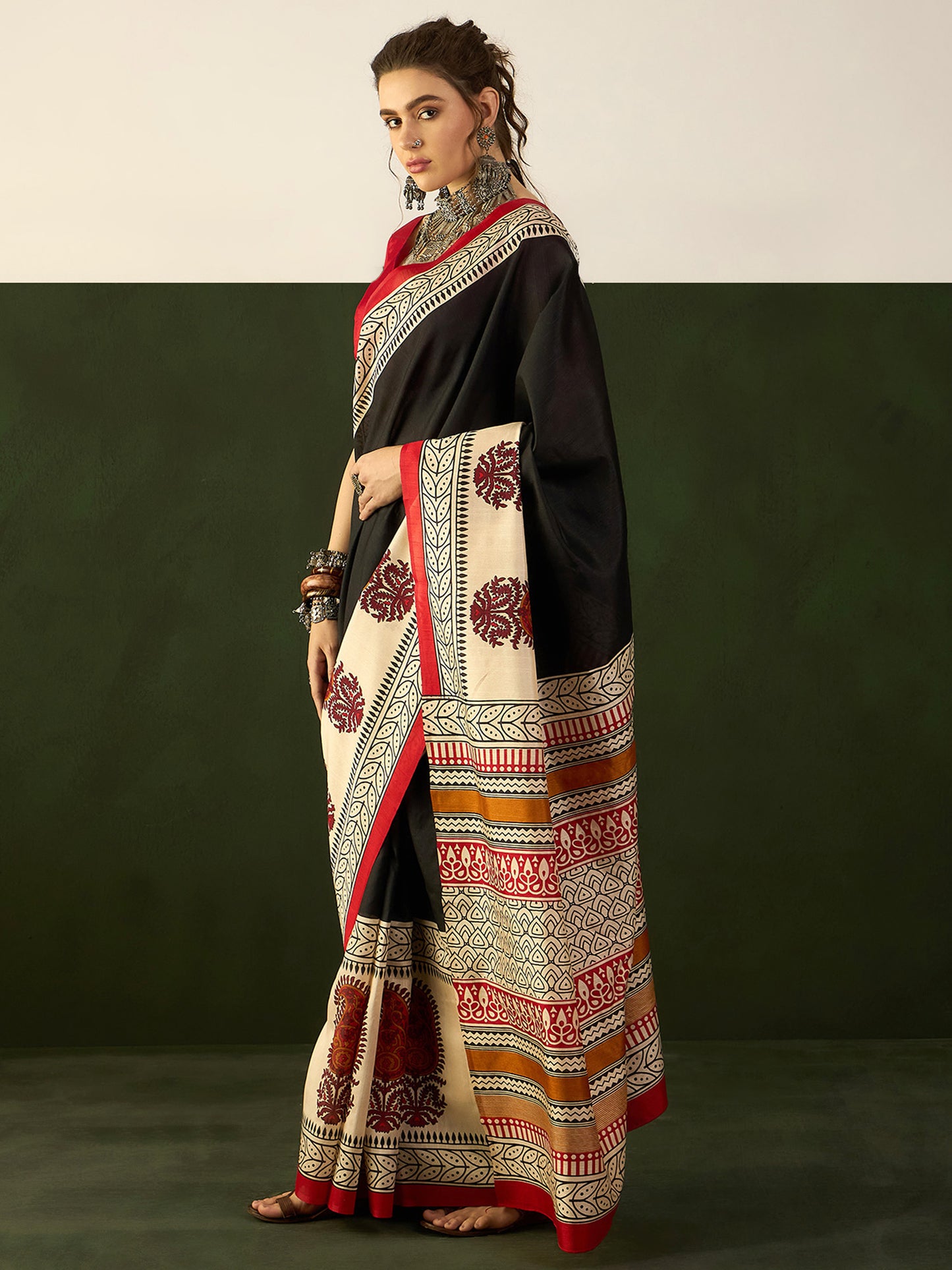 Women's Bhagalpuri Silk Black Printed Designer Saree With Blouse Piece