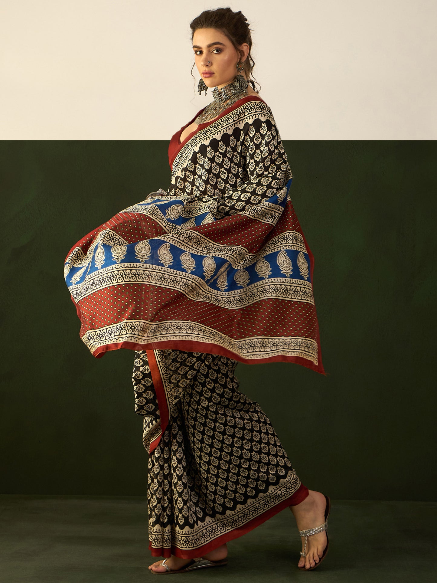 Women's Bhagalpuri Silk Black Printed Designer Saree With Blouse Piece