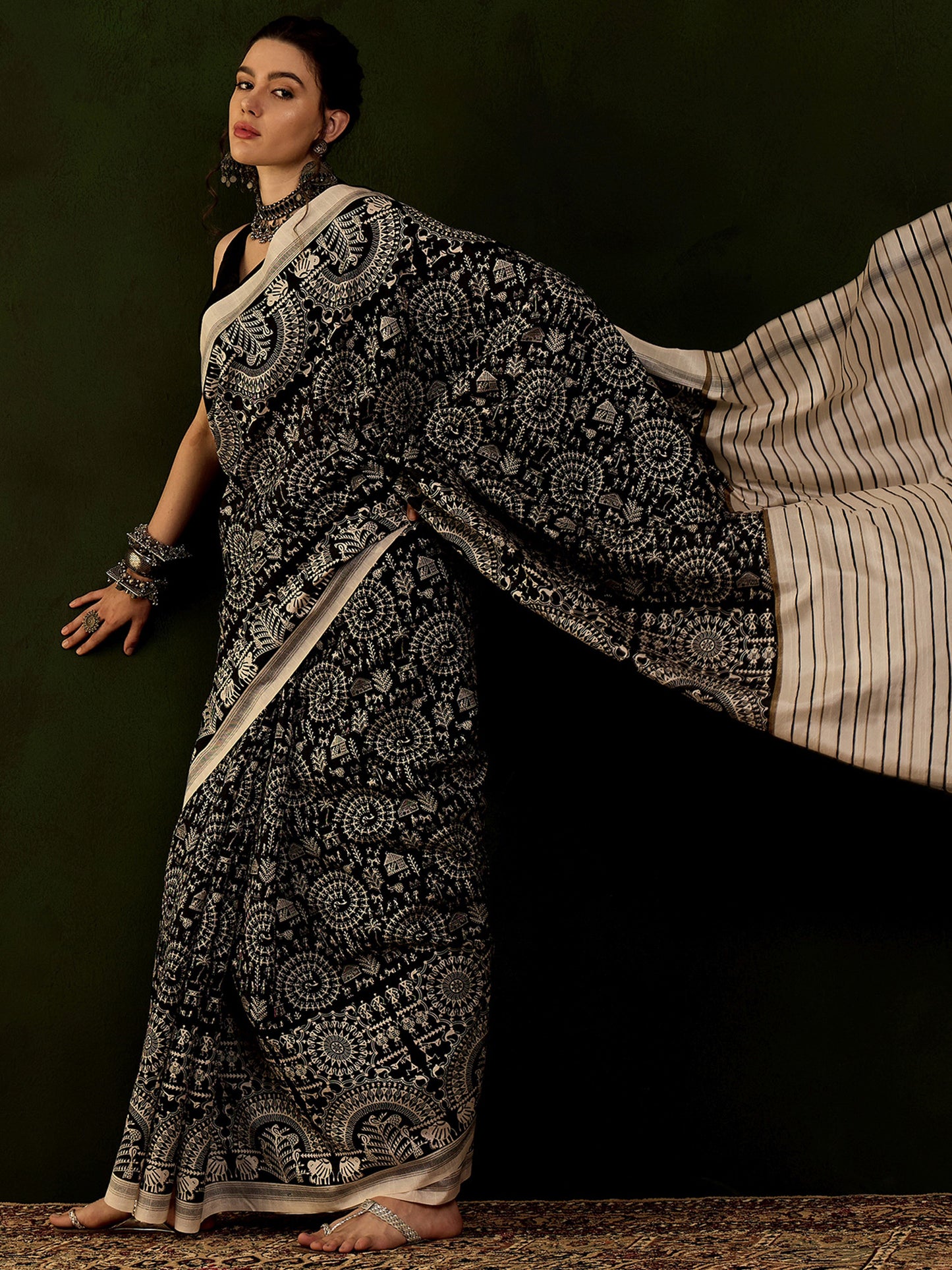 Women's Bhagalpuri Silk Black Printed Designer Saree With Blouse Piece
