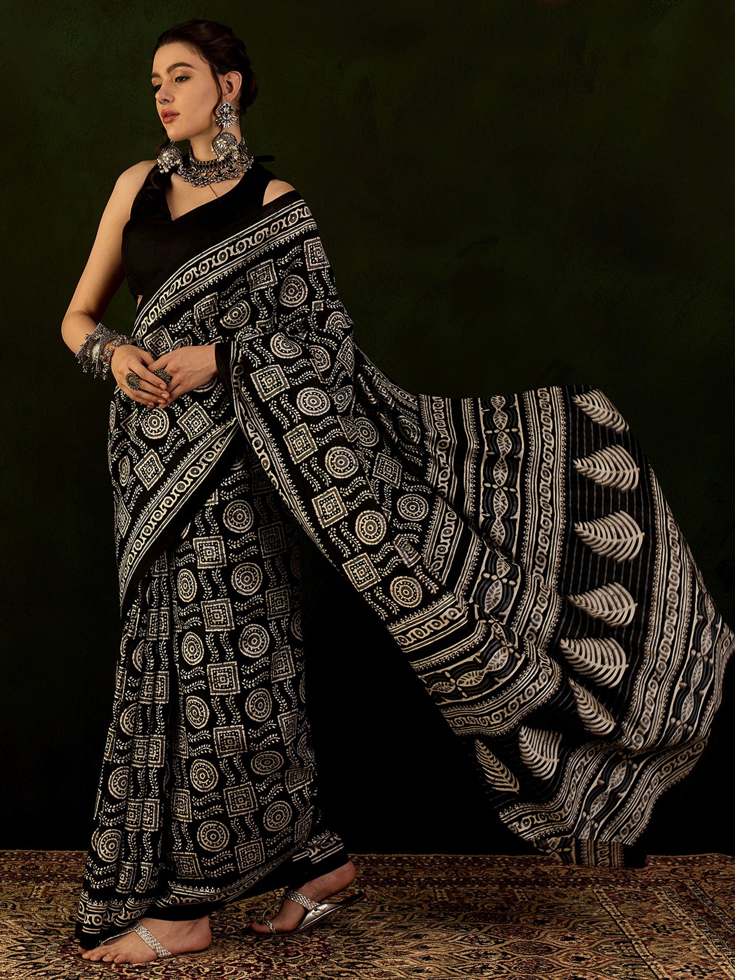 Women's Bhagalpuri Silk Black Printed Designer Saree With Blouse Piece