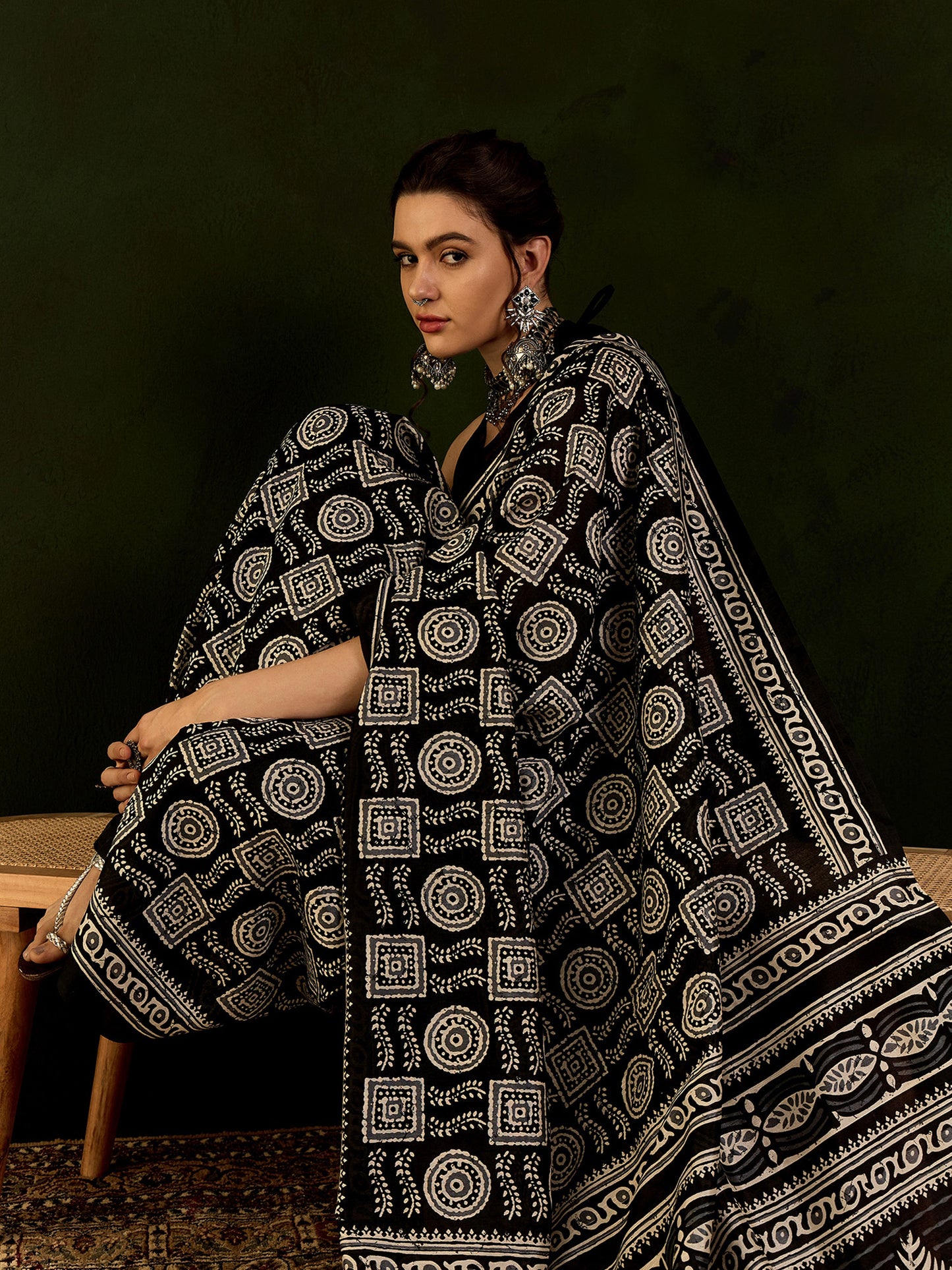 Women's Bhagalpuri Silk Black Printed Designer Saree With Blouse Piece