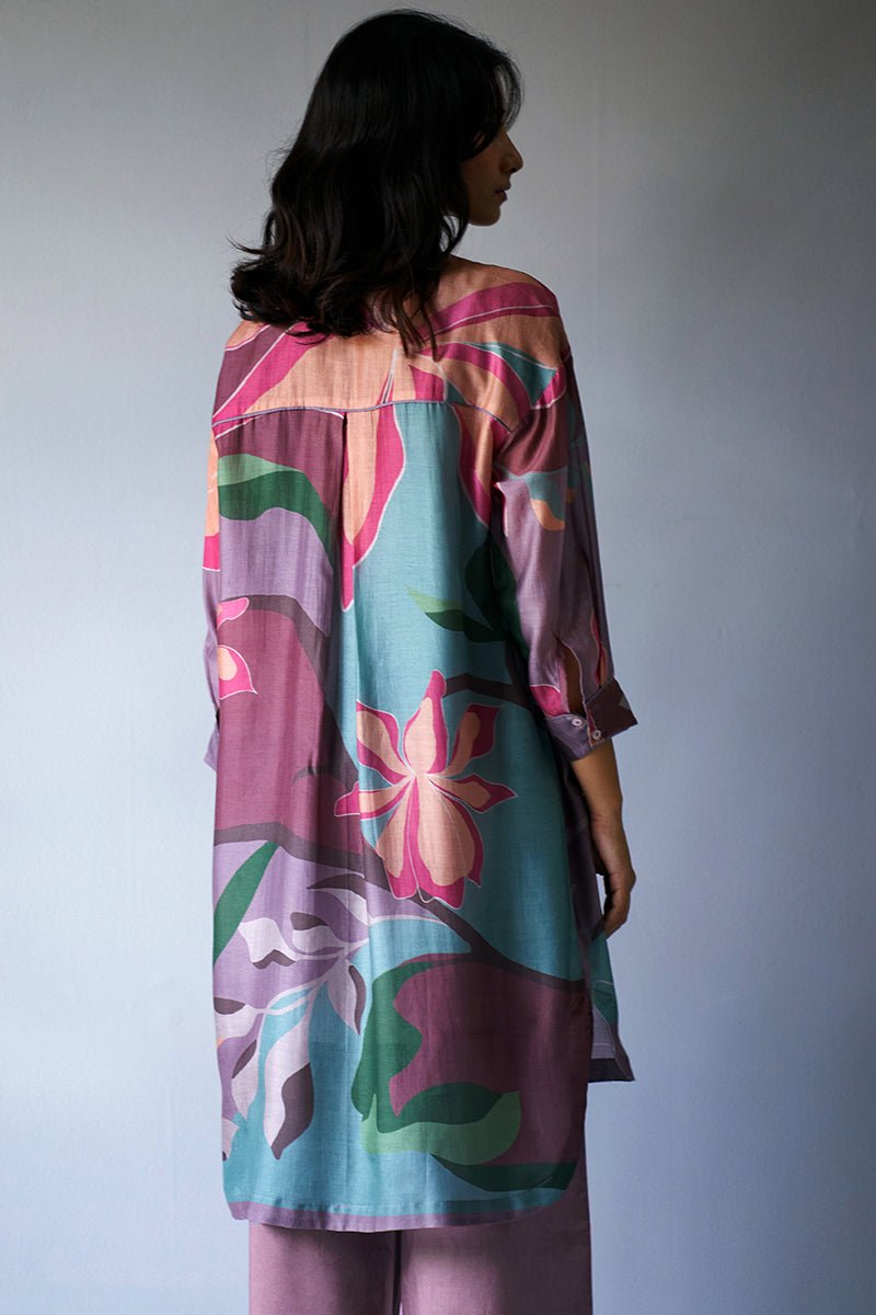 Women's Dusty Lilac and Rose Pink Mix Colored Bemberg Silk Printed Co-ord Set