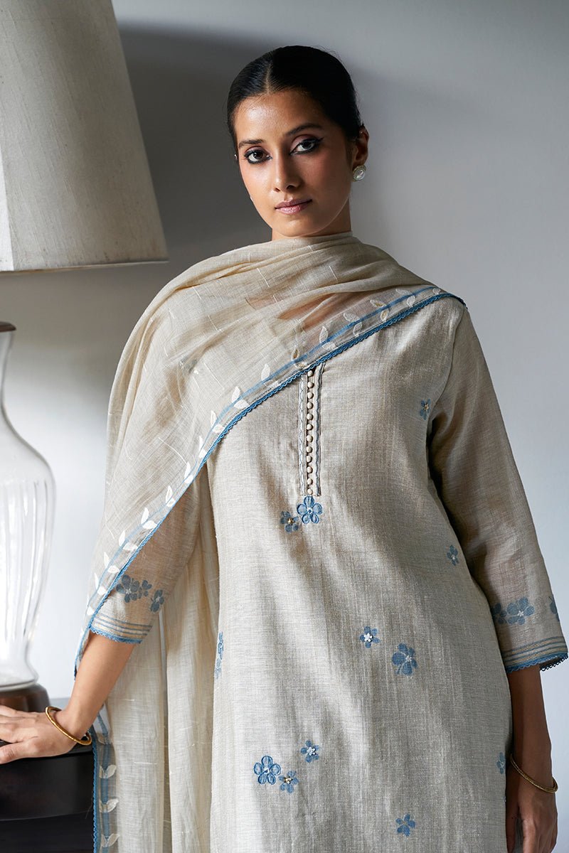 Women's Beige Woven Viscose Chanderi Kurta Suit Set With Delicate Hand Work Detailing
