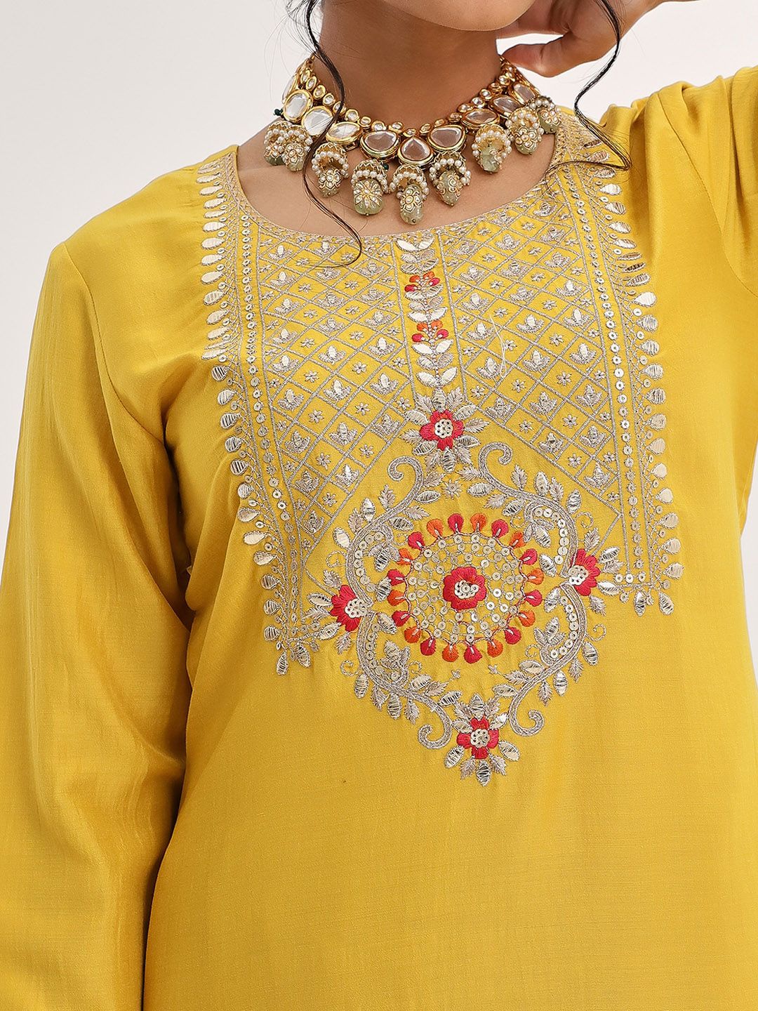 Dhiyona VA Women'sYellow Yoke Design Ethnic Motifs Straight Kurta & Trousers With Dupatta
