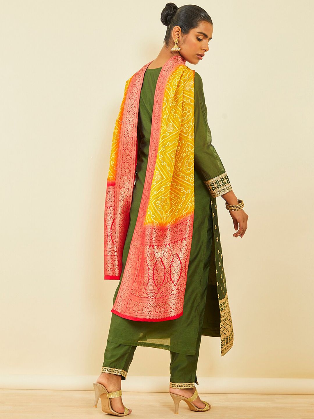 Dhiyona SO Women's Ethnic Motifs Embroidered Sequinned Chanderi Silk Straight Kurta Set